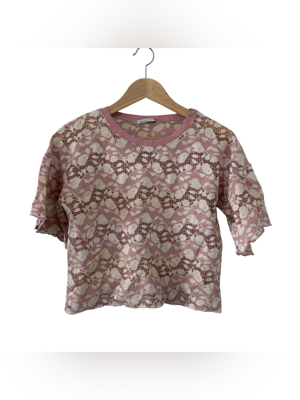 Zara Pink Lace Crop Top Floral Coquette Fairycore Short Sleeve Small